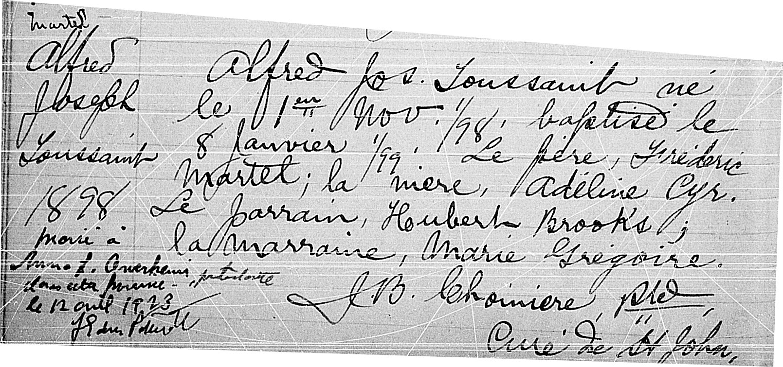 Church Record of Hubert Brooks being godfather to Alfred Joseph Toussaint in St John ND 